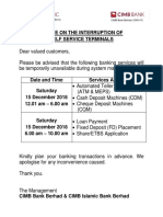 Notice On The Interruption of Self Service Terminals: CIMB Islamic Bank Berhad (671380-H) CIMB Bank Berhad (13491-P)