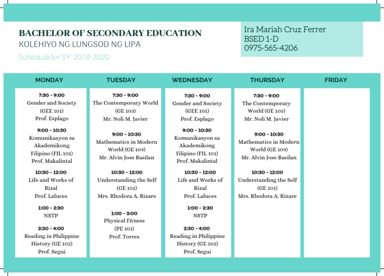 BSED Class Schedule 2019-2020 Lipa | PDF | Foreign Language Studies