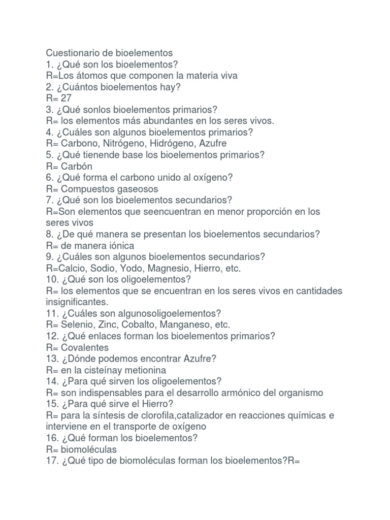 Cuestionario sobre bioelementos y biomoléculas | PDF | Ciencia y ...