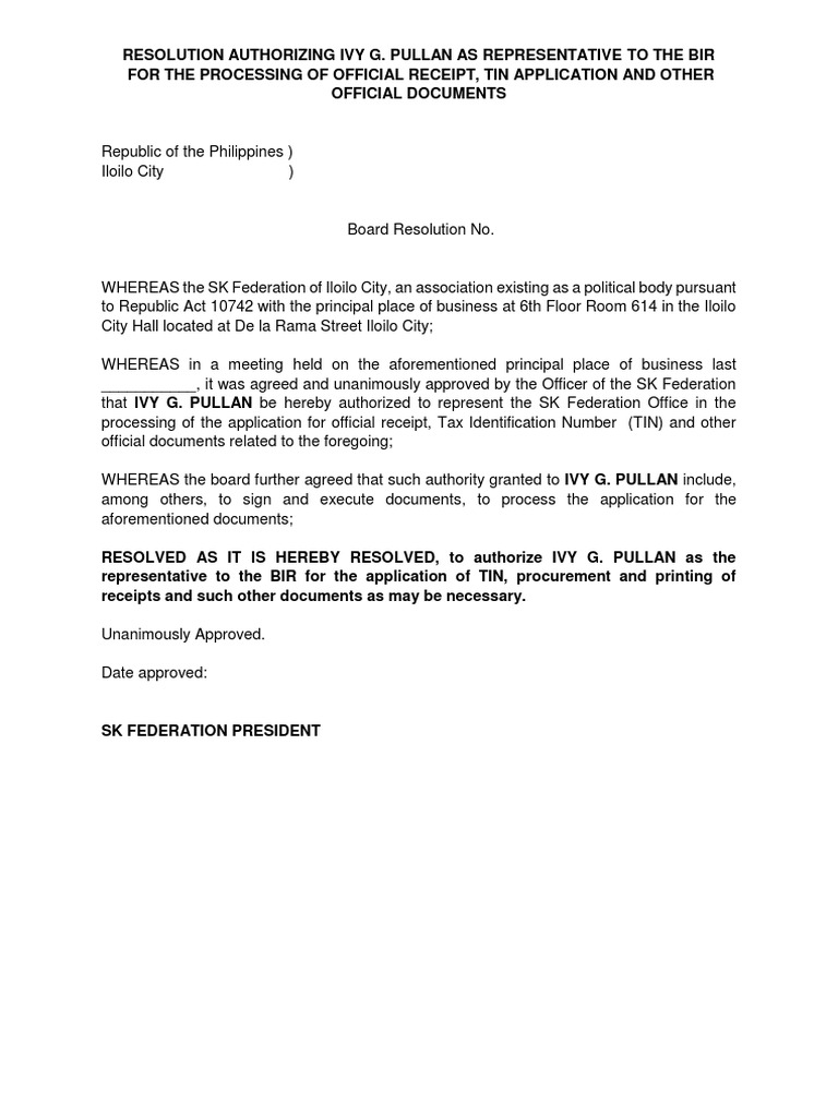 Resolution For Authority To Print Receipt | PDF