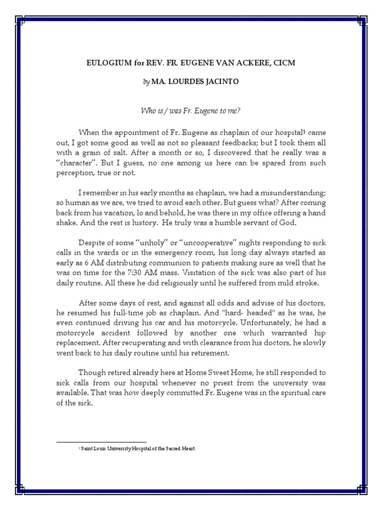 Eulogium For Fr Eugene Van Ackere