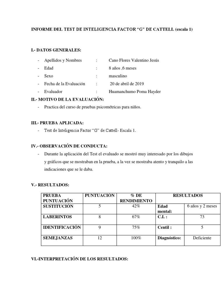 Informe de Test de Inteligencia Cattell | PDF | Cociente de ...