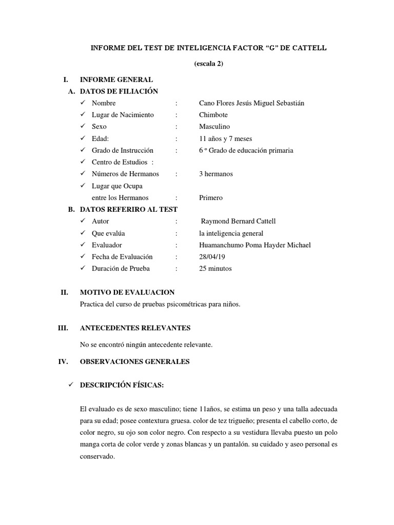 Informe de Test de Inteligencia Cattell | PDF | Inteligencia | Cociente ...
