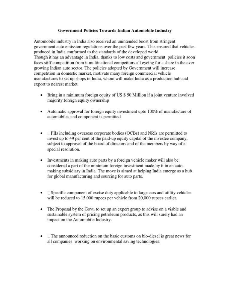 Government Policies Towards Indian Automobile Industry | Download Free ...