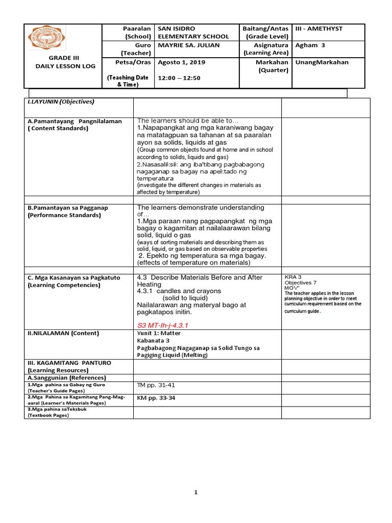 Cot 1 Science Lesson Plan Melting Pdf Thermometer Teachers