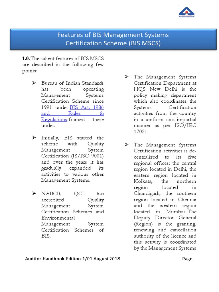 Features of BIS Management Systems Certification Scheme (BIS MSCS ...