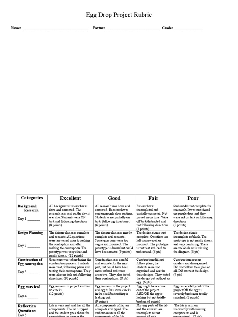 Egg Drop Rubric 01 PDF Learning Cognition