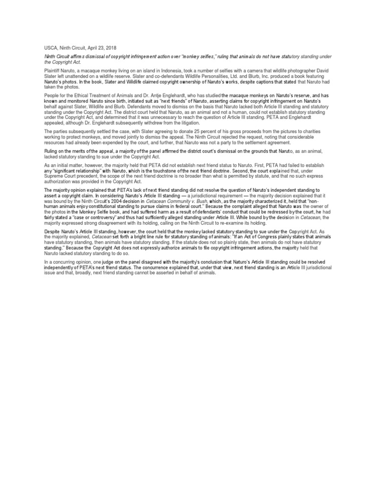 Naruto vs. Slater PDF Standing (Law) Lawsuit