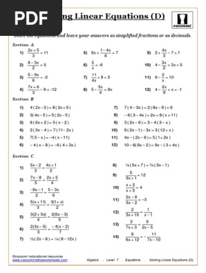 Algebra. Level 7. Equations. Solving Linear Equations (D) | PDF | Equations  | Algebra
