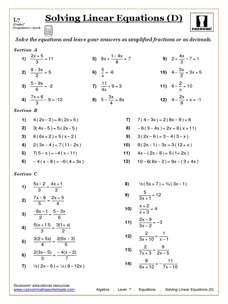 Algebra. Level 11. Equations. Solving Linear Equations (D With Solving Linear Equations Worksheet Pdf