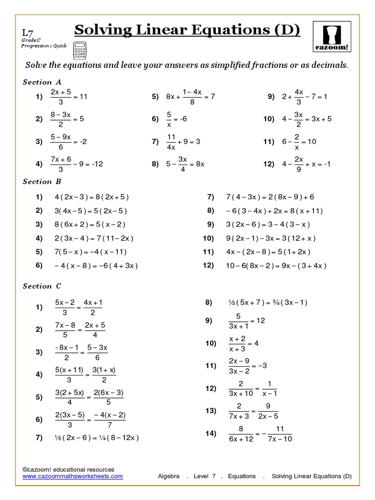 algebra level 7 equations solving linear equations d pdf equations algebra