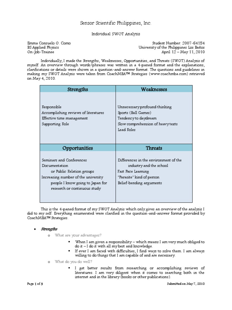 Sensor Scientific Philippines, Inc.: Individual SWOT Analysis | PDF ...