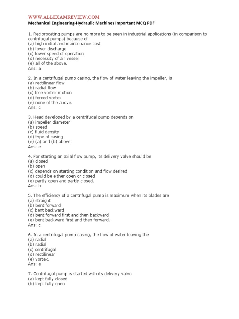 Mechanical EngineeringHydraulic Machines Important MCQ PDF PDF Turbine Pump