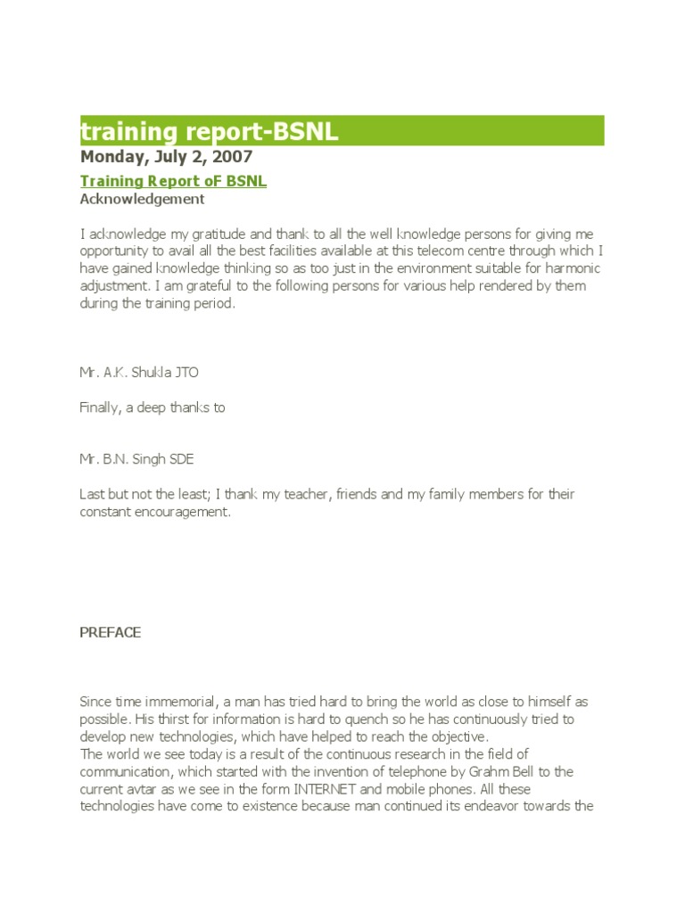 Training report-BSNL: Monday, July 2, 2007 | PDF | Osi Model | Computer ...