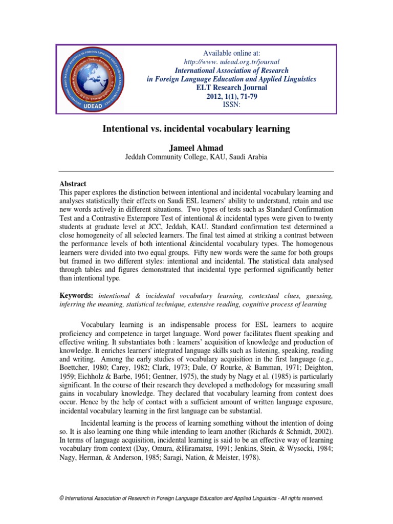 Intentional Vs Incidental Vocabulary Learning | PDF | Vocabulary ...