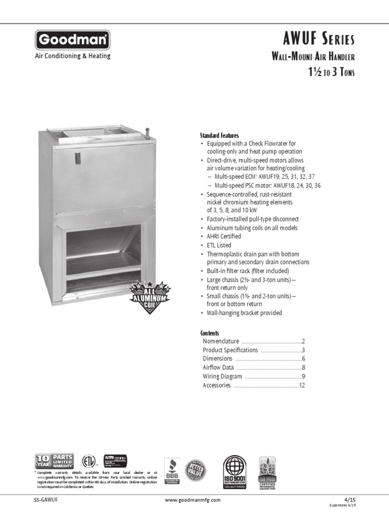 Goodman AWUF Fan Coil Nomenclature PDF Transformer Electrical Wiring