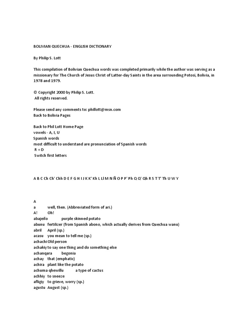 Lott P.S. Bolivian QuechuaEnglish Dictionary PDF Nature