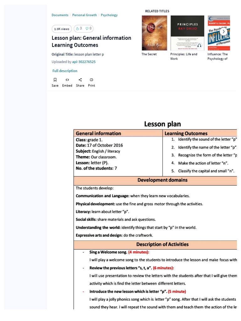 Lesson Plan: General Information Learning Outcomes | PDF | Lesson Plan ...