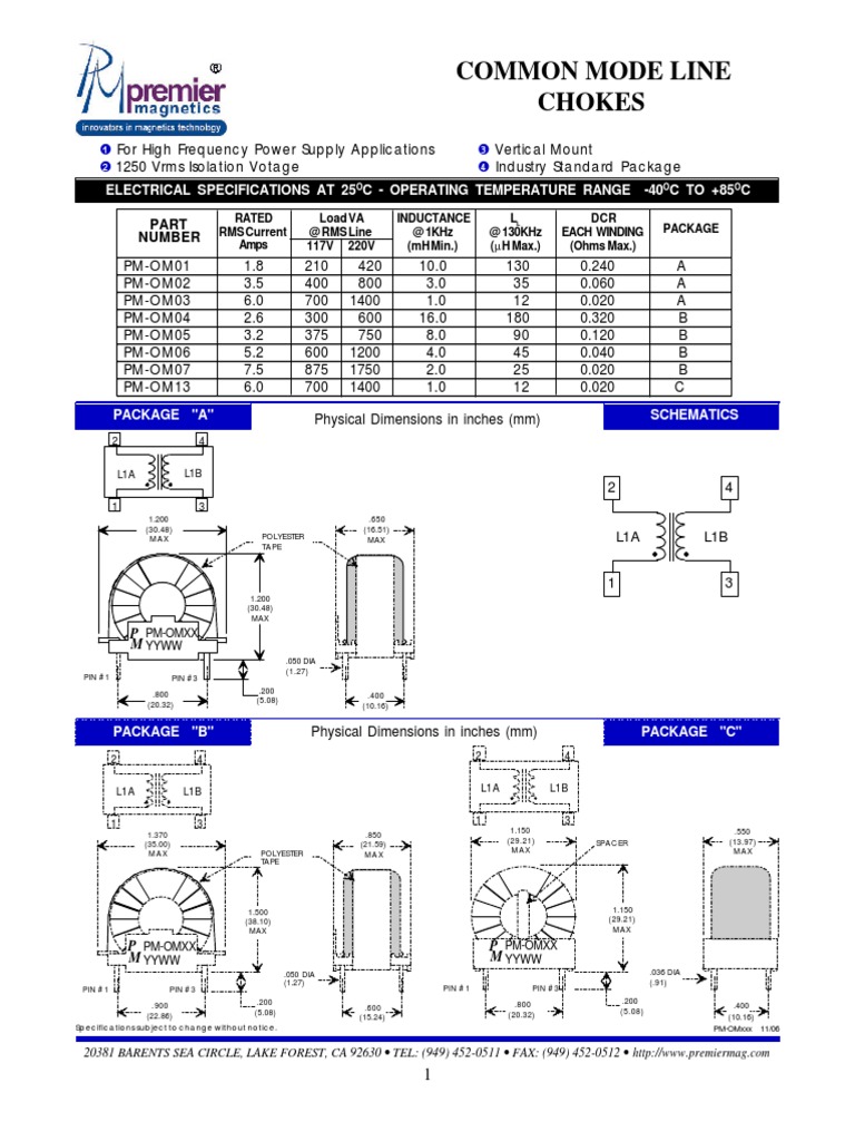 Common Mode Line Chokes: Electrical Specifications at 25 C - Operating ...