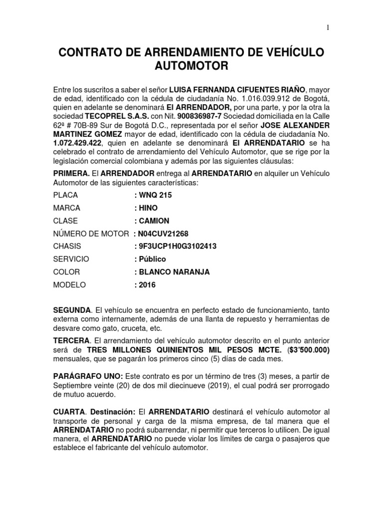 Contrato De Arrendamiento De Vehículo Automotor Camión Alquiler