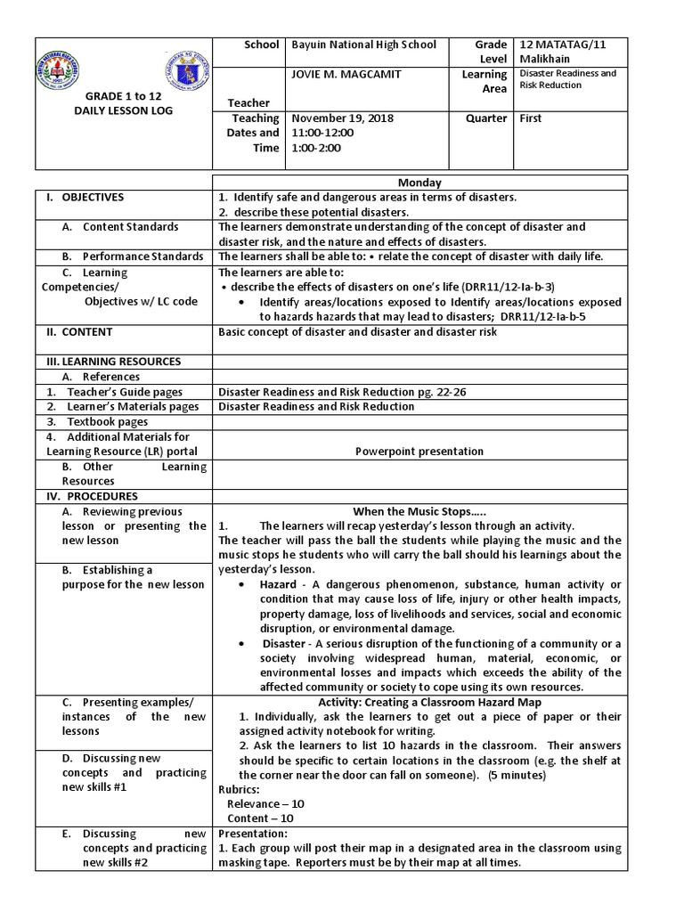 Grade 12 Disaster Readiness Lesson Plan | PDF | Hazards | Behavior ...