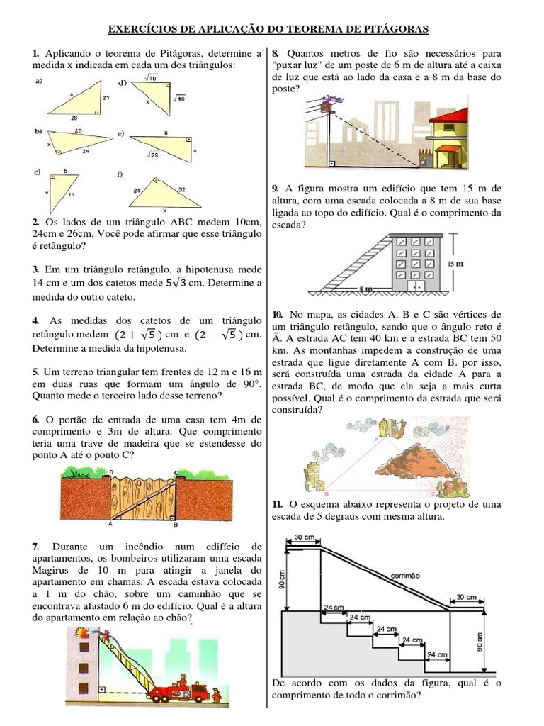 Exercícios Sobre Teorema de Pitágoras.9º Ano | PDF | Triângulo ...