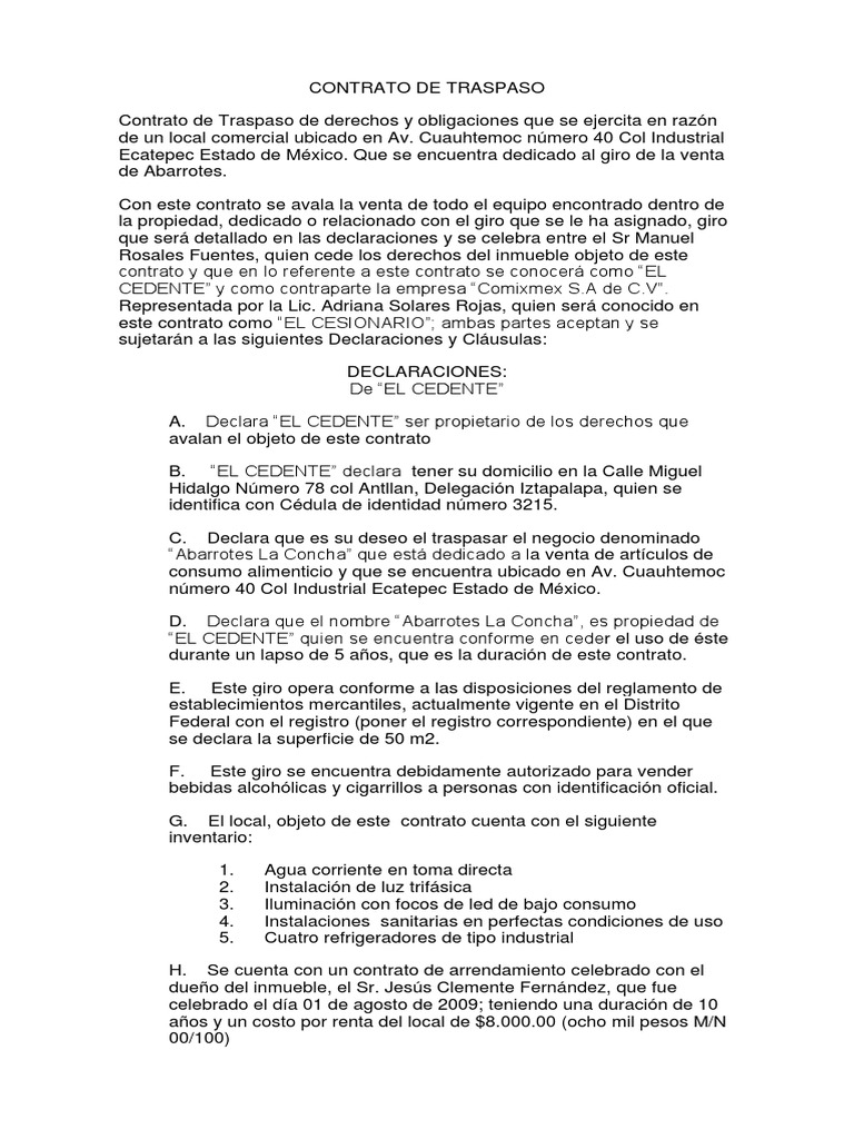 Contrato de Traspaso  PDF  Ciudad de México  Business