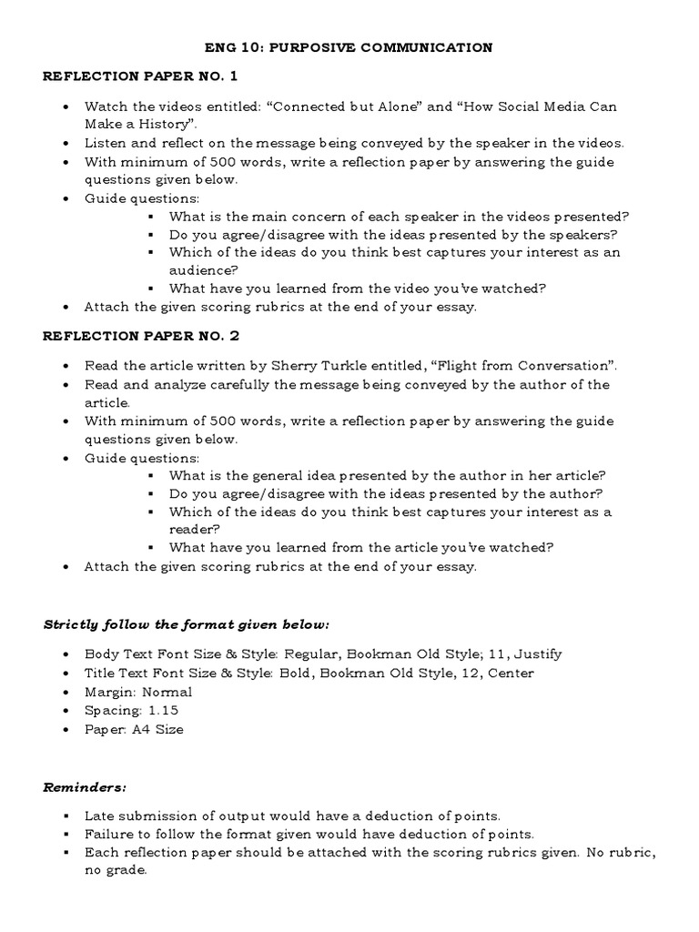 Eng 10: Purposive Communication Reflection Paper No. 1: Strictly Follow ...