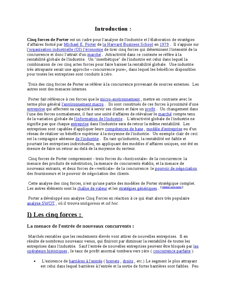 I Les Cinq Forces Cinq Forces De Porter Est Un Cadre Pour L Analyse De L Industrie Et L Elaboration De Strategies Gestion Strategique Economie