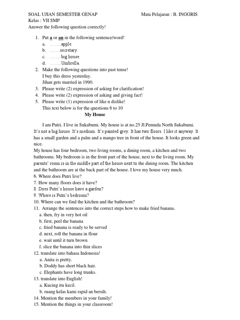 Soal Bahasa Inggris Rani Kelas 7smp