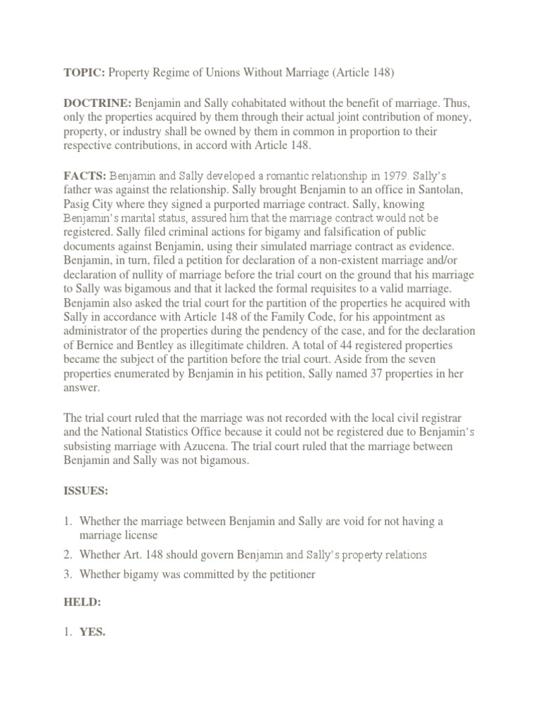 TOPIC Property Regime of Unions Without Marriage (Article 148