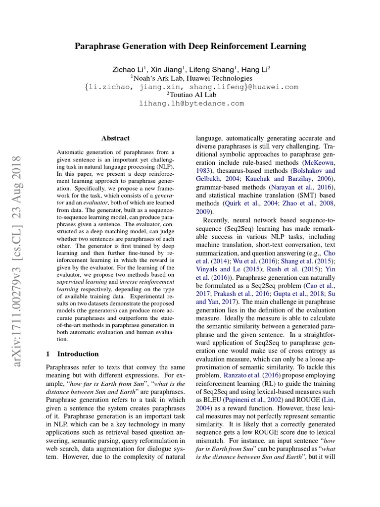 Deep Reinforcement Learning for Paraphrase Generation | PDF ...