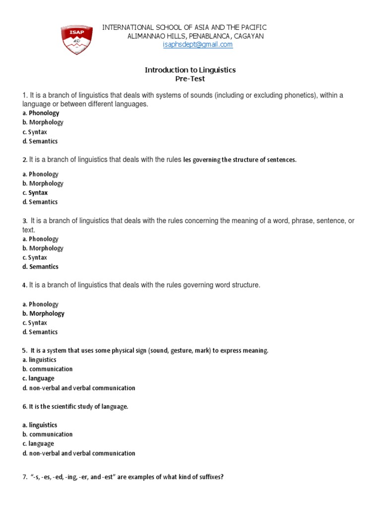 Introduction to Linguistics Pre-Test | PDF | Morphology (Linguistics ...
