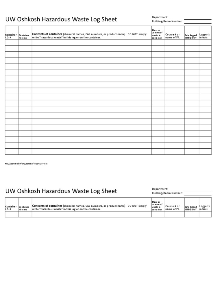 UW Oshkosh Hazardous Waste Log Sheet | PDF