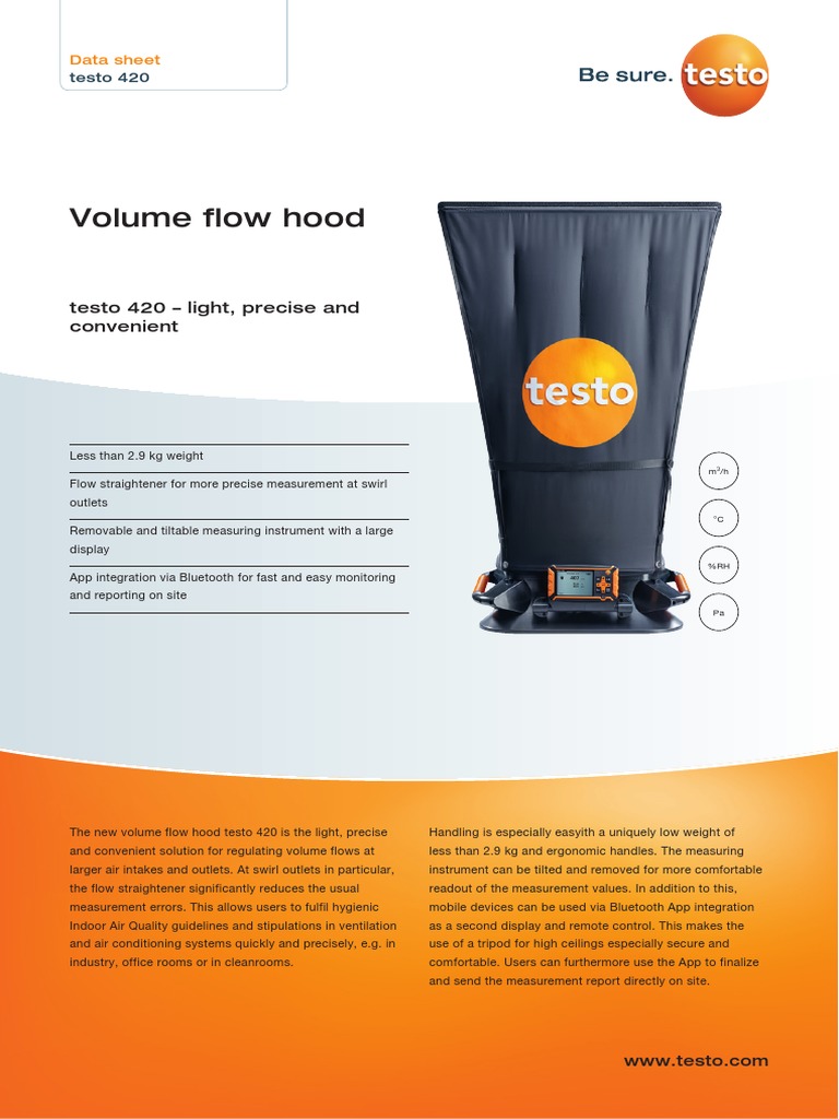 Volume Flow Hood: Testo 420 - Light, Precise and Convenient | PDF |  Pressure Measurement | Calibration