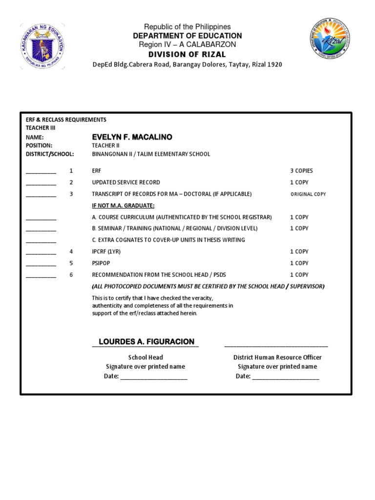 Requirements for Teacher III Reclassification Evelyn F. Macalino of