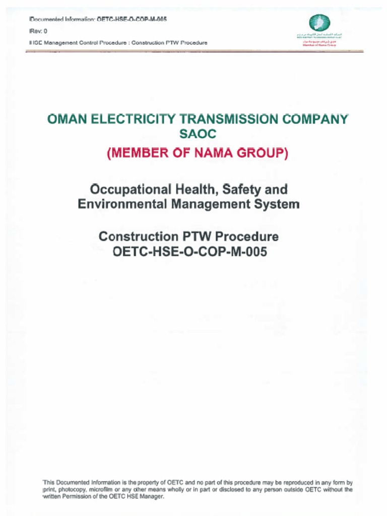 OETC HSE O COP M 005 Construction PTW Procedure | PDF