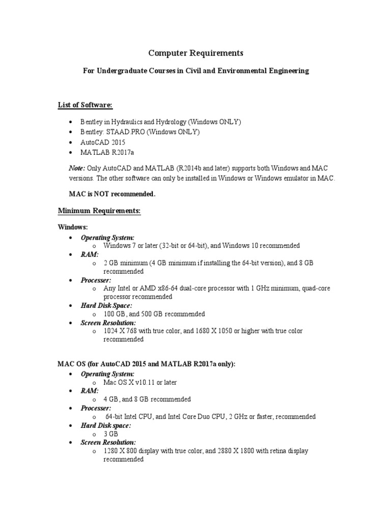 Civil Engineering Course Computer Specs | PDF
