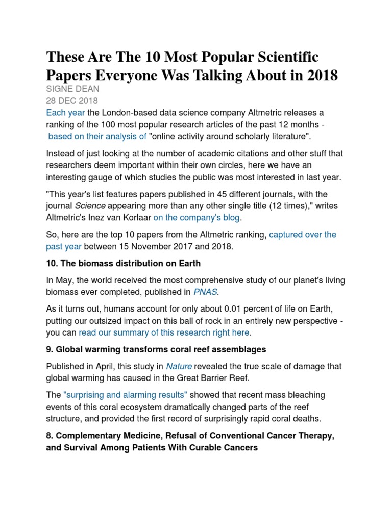 Top 10 Scientific Papers of 2018 | PDF | Academic Publishing | Wellness
