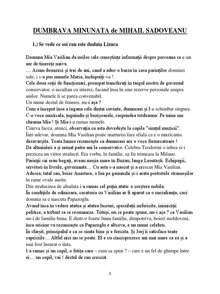 Rezumat Dumbrava Minunată De Mihail Sadoveanu Dumbrava Minunata de Mihail Sadoveanu | PDF