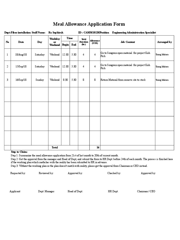 Meal Allowance Application Form PDF Overtime Business