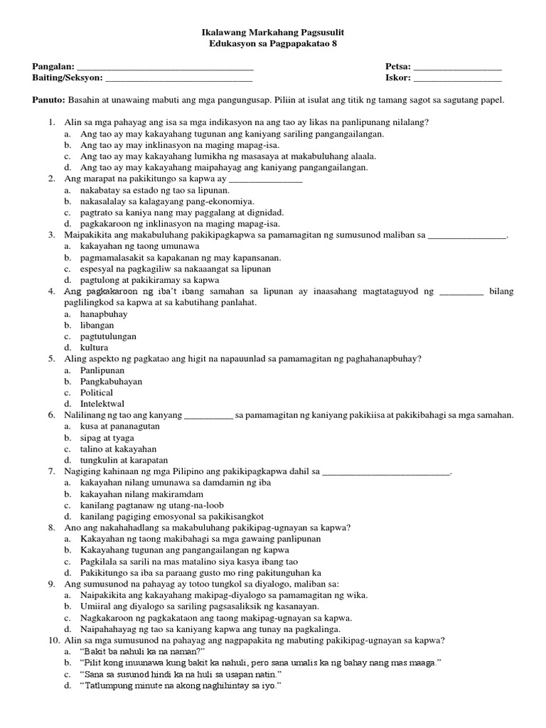 ikalawang markahang pagsusulit sa esp 8 pdf