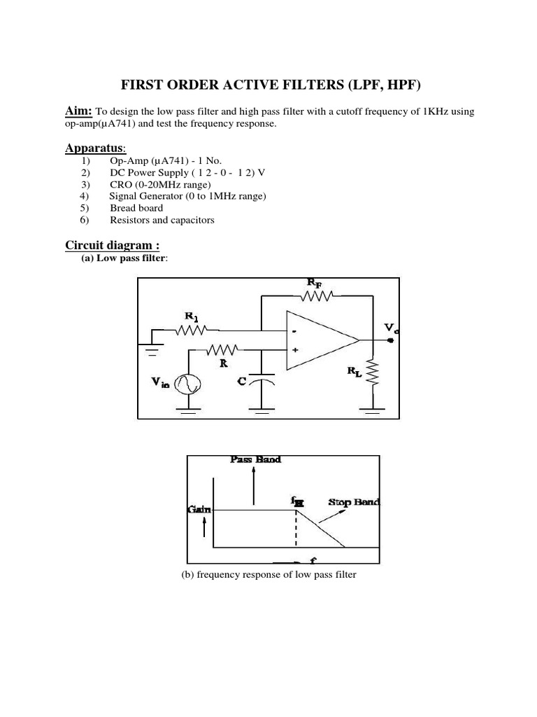 First Order Active Filters (LPF, HPF) : (A) Low Pass Filter | Download ...