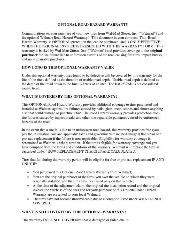 Walmart Road Hazard Warranty Details | PDF | Tire | Walmart