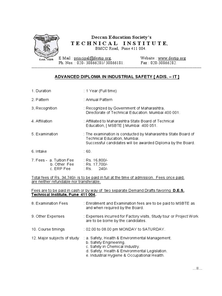 Information Brochure of ADIS Course For 2018 19 PDF Safety