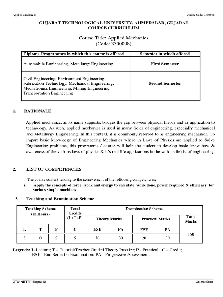 Applied Mechanics Course Overview 3300008 | PDF | Friction | Force