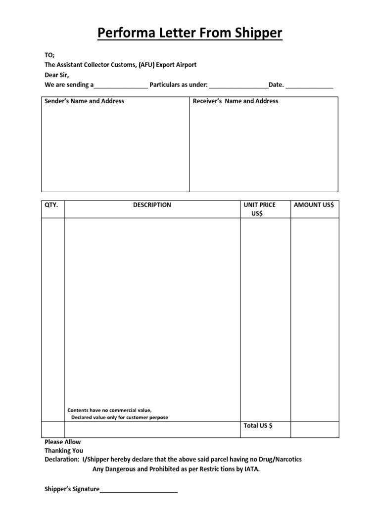 Shipper's Performa Letter Template | PDF
