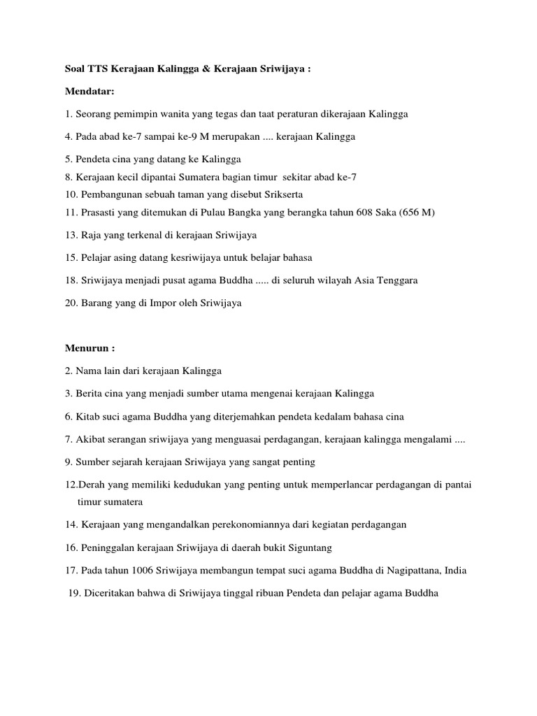 Soal Tts Kerajaan Kalingga 2