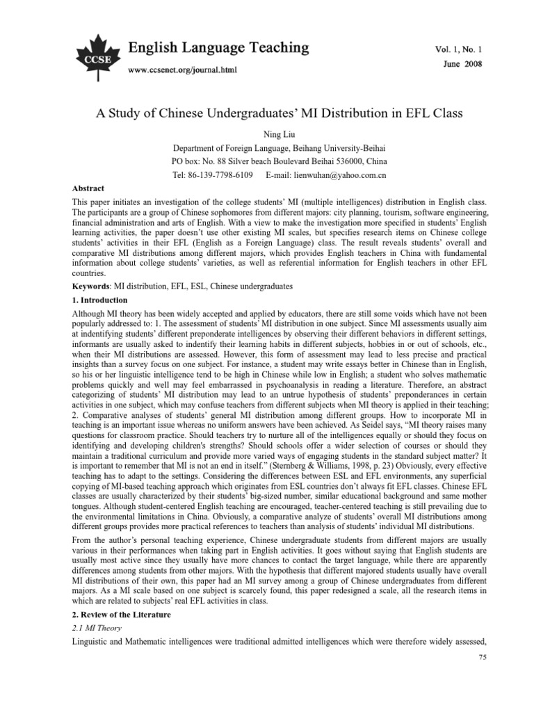A Study of Chinese Undergraduates' MI Distribution in EFL Class | PDF ...