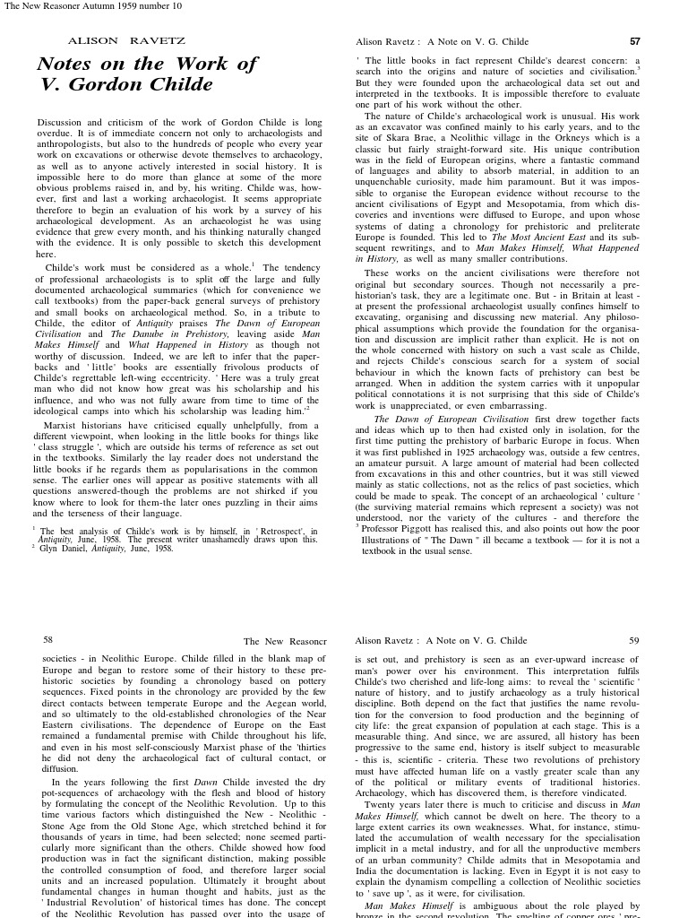 Notes On The Work of v. Gordon Childe, Alison Ravetz, 1959 | PDF ...